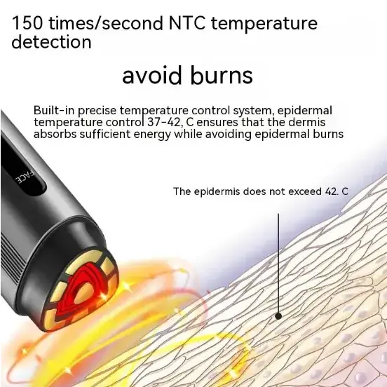 Black handheld device with a red triangular heating element at its tip, featuring precise temperature control for safe skin treatment.