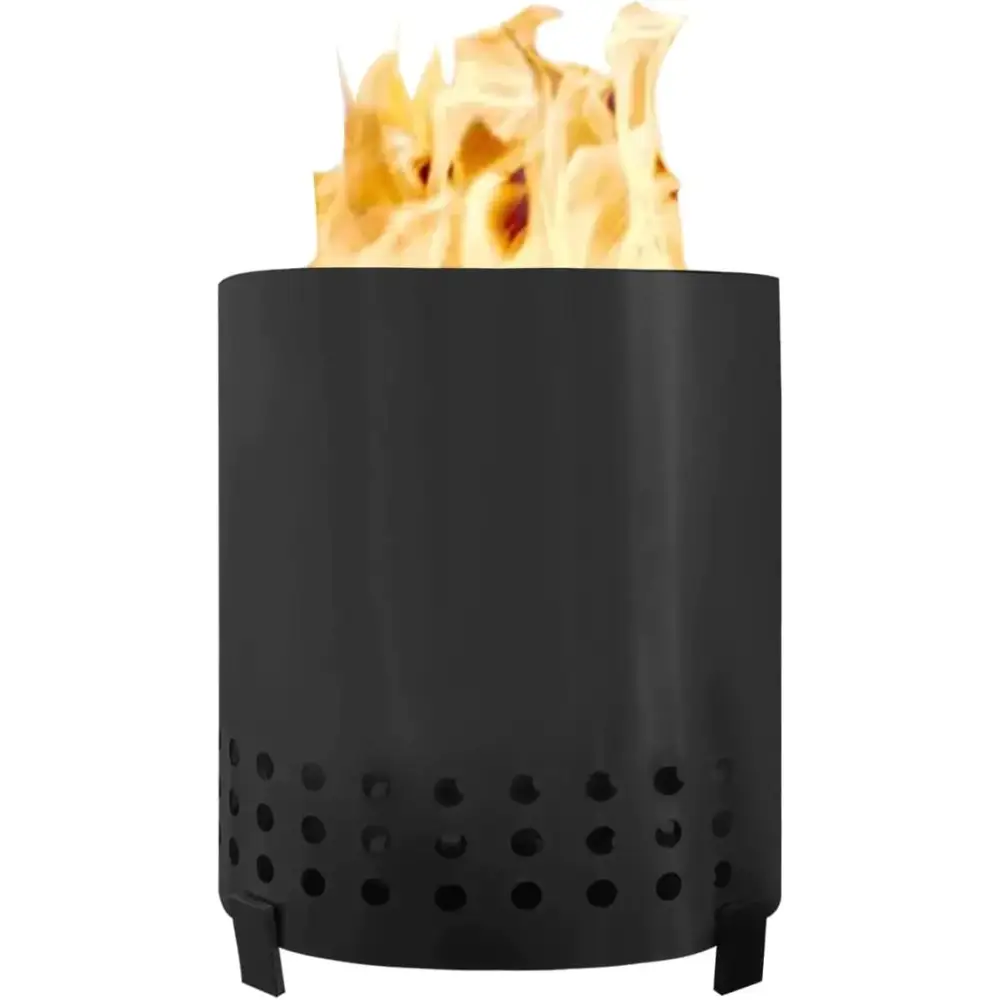 Black cylindrical fire pit with perforated base and flame burning inside.