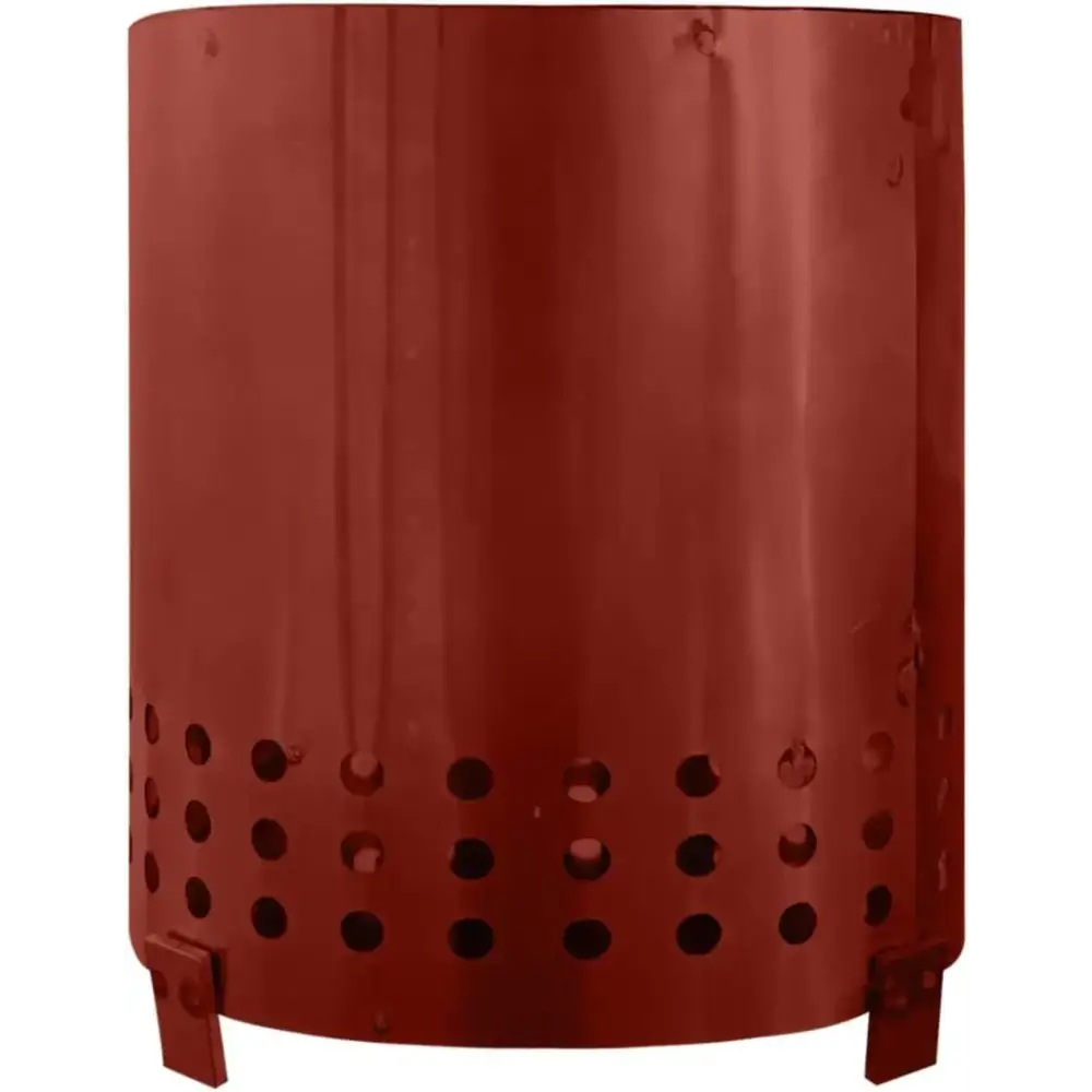 Red metal fire pit with circular perforations near the base and small feet.