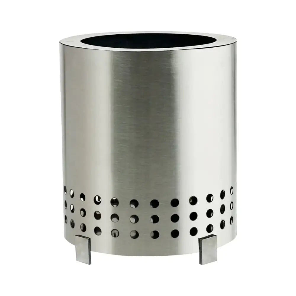 Stainless steel cylindrical fire pit with a brushed finish, featuring circular perforations along the lower half and square feet for stability.