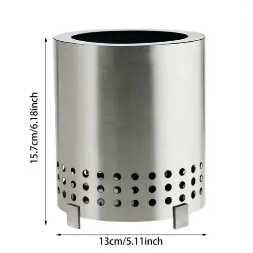A sleek, cylindrical stainless steel fire pit with a brushed finish and evenly spaced circular perforations along its lower half.
