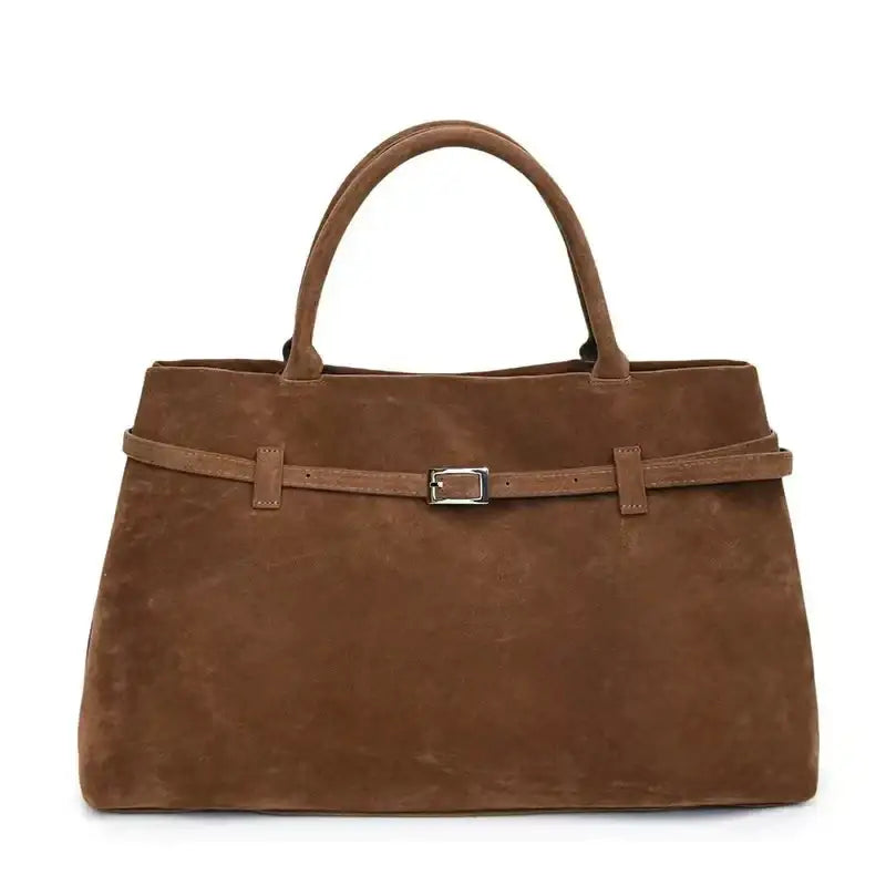 Brown suede tote bag with a matching belt and silver buckle.