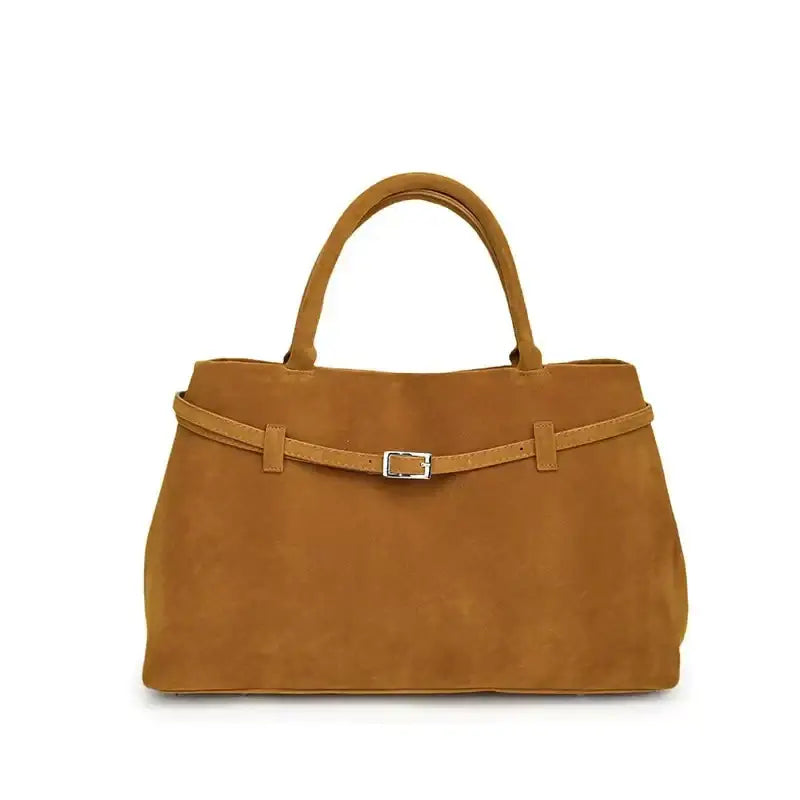 Tan suede tote bag with a matching belt strap and silver-toned buckle.