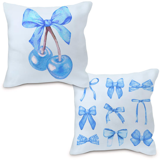 Nvotell Coquette Blue Bow Cherry Decorative Pillow Covers Set of 2 - Preppy Cherry Bow Couch Pillow Cases 18x18 Cherry Room Dorm Decor for Girls Light Blue Pillow Covers for Sofa Bed