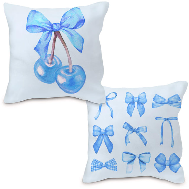 Nvotell Coquette Blue Bow Cherry Decorative Pillow Covers Set of 2 - Preppy Cherry Bow Couch Pillow Cases 18x18 Cherry Room Dorm Decor for Girls Light Blue Pillow Covers for Sofa Bed