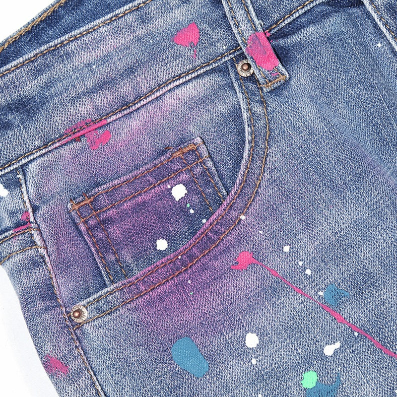 Men's Summer Slim Fit Distressed Paint Splatter Jeans