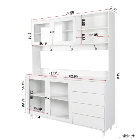 63W Large Kitchen Hutch Cabinet Freestanding Pantry Cabinets Storage Kitchen Cupboard With 4 Doors 4 Drawers &