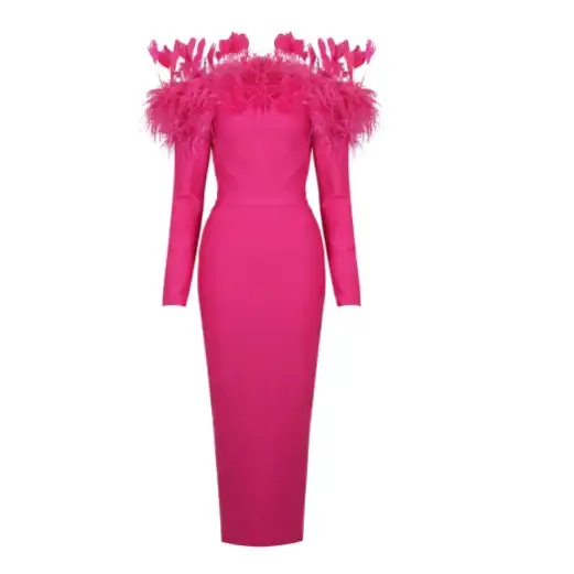 Feathery Off-the-Shoulder Dress with Long Sleeves (One)