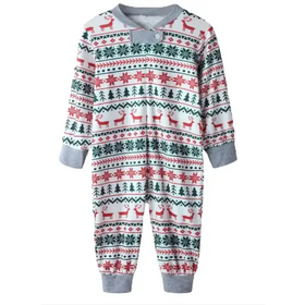White, red and green christmas-themed onesie with reindeer, snowflakes and pine trees in a festive pattern.
