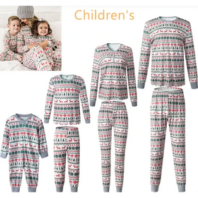 Christmas-themed family pajama sets in soft pink, green, and white with reindeer and tree patterns.