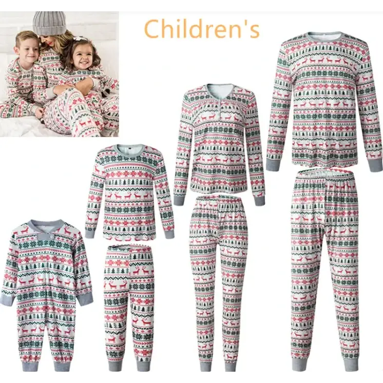 Christmas-themed family pajama sets in soft pink, green, and white with reindeer and tree patterns.