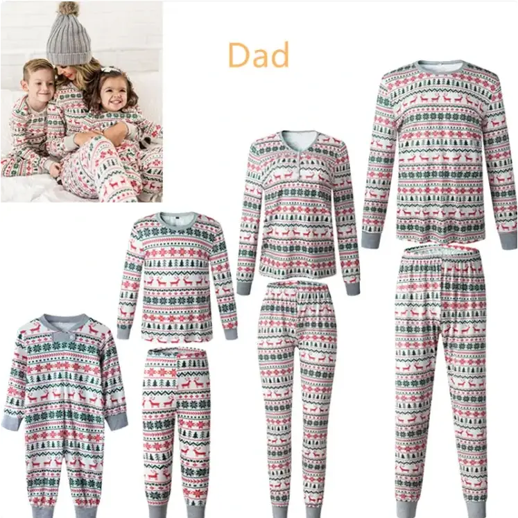 Christmas-themed family pajama set with red reindeer, green trees, and white snowflake patterns on a light gray background.