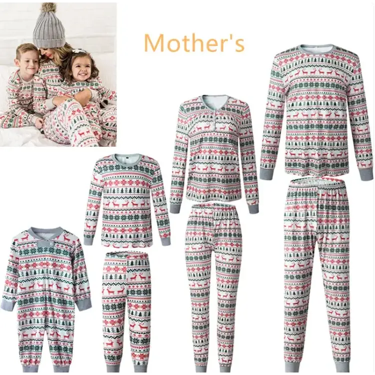 Christmas-themed family pajama set in soft pink, gray, and green with reindeer and snowflake patterns.