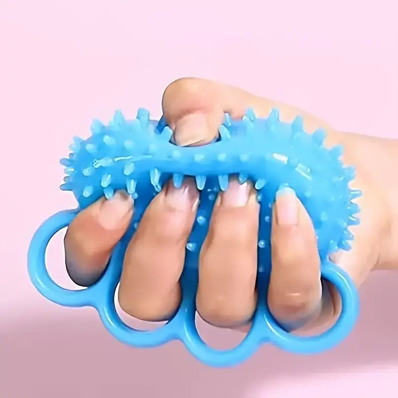 Blue silicone finger exerciser with spiky texture and ringed grip