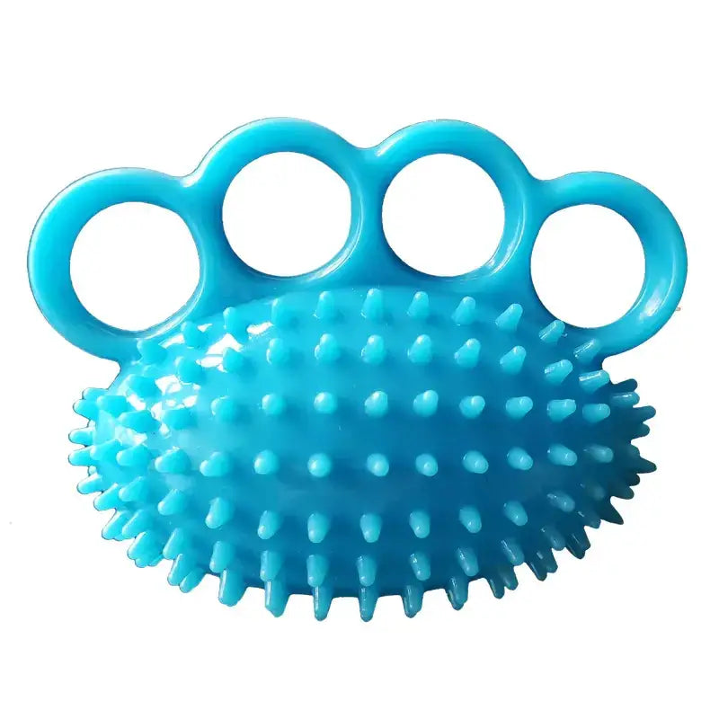 Bright blue plastic hand grip with four finger loops and a textured, spiky surface.