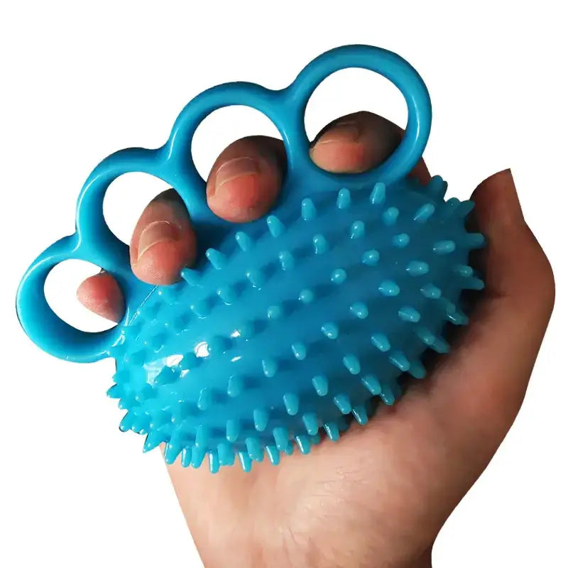 Bright blue plastic hand grip with four finger loops and a spiky textured surface.