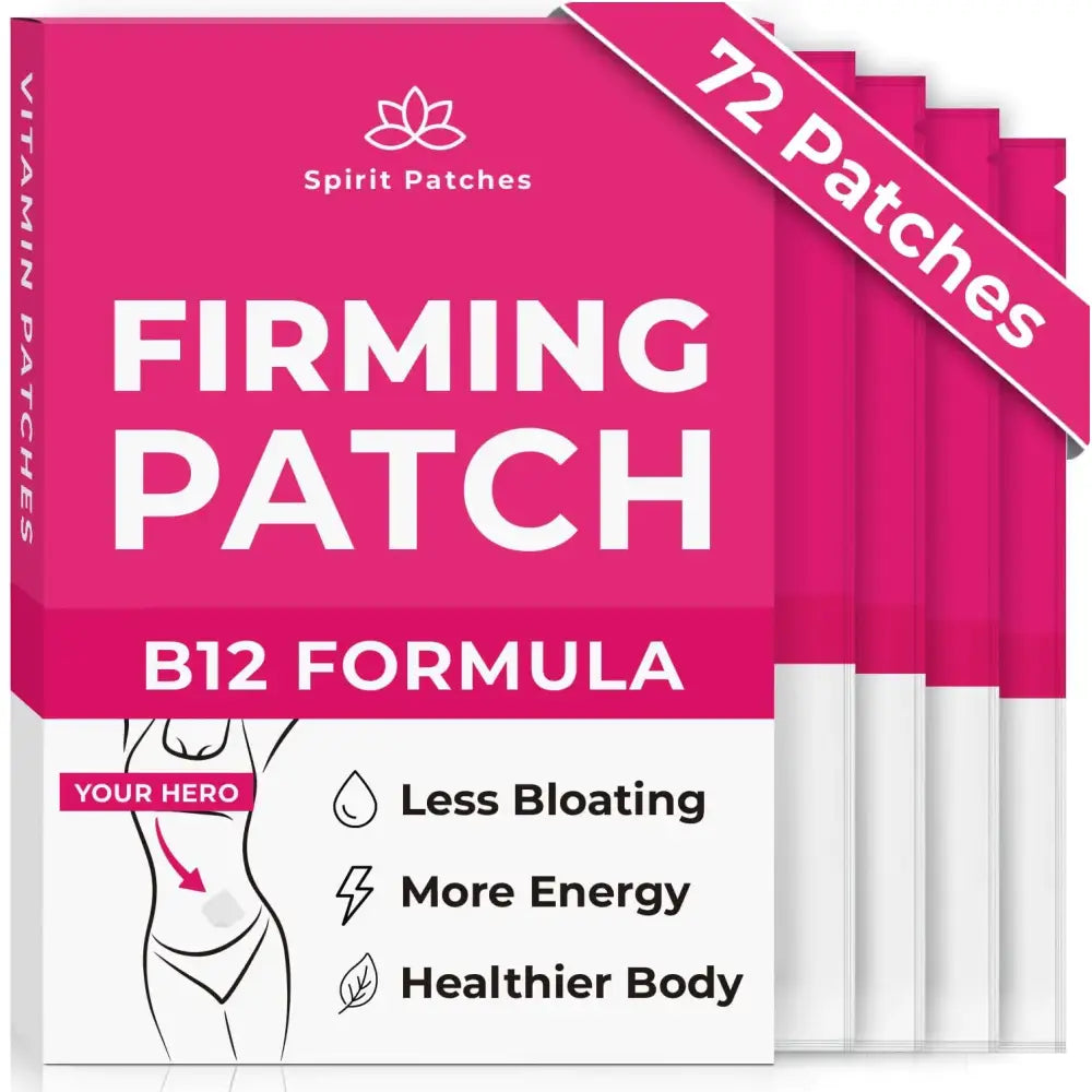 Bright pink box of spirit patches firming patch with b12 formula, featuring a white and black label design.