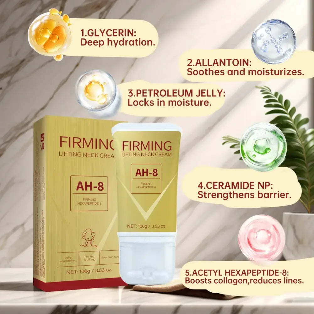 Ah-8 firming lifting neck cream in a sleek white tube with gold and red packaging, featuring key ingredients like glycerin, allantoin, petroleum jelly, ceramide np, and acetyl hexapeptide-8.