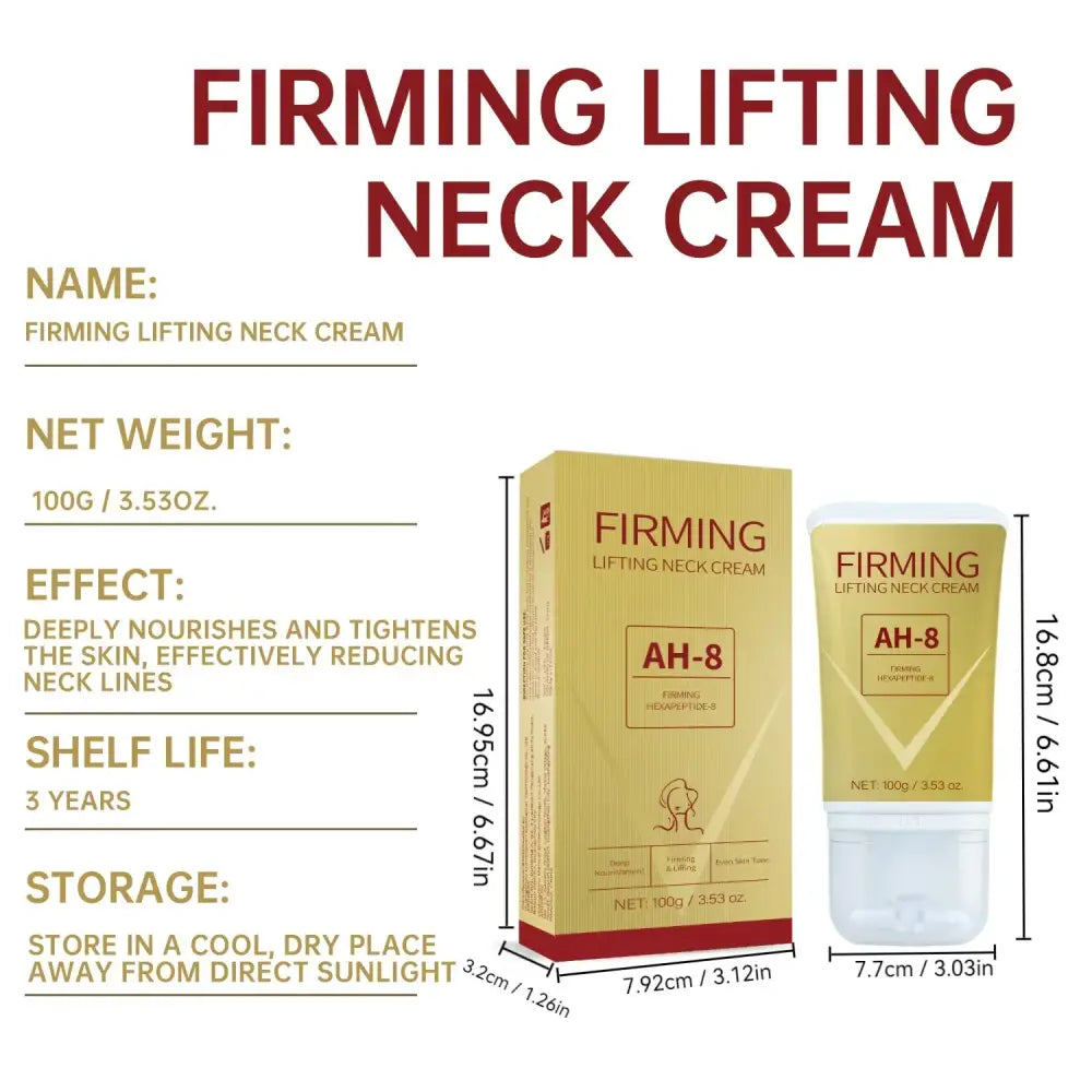 Gold-colored rectangular box and matching tube of ah-8 firming lifting neck cream, each labeled with the product name and net weight.