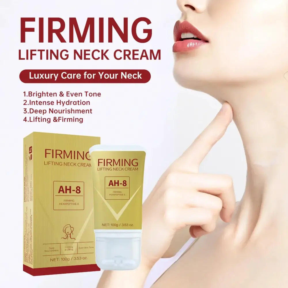 Gold-colored tube of ah-8 firming lifting neck cream with a white cap and clear base.