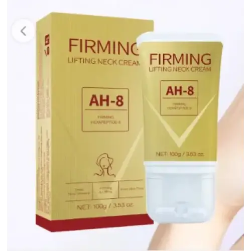 Gold-colored tube of ah-8 firming lifting neck cream with white cap and matching box.
