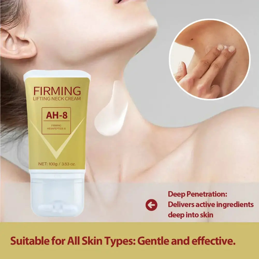 A gold-colored tube of ah-8 firming lifting neck cream with a white cap and base, featuring text indicating its active ingredient as hexapeptide-4.
