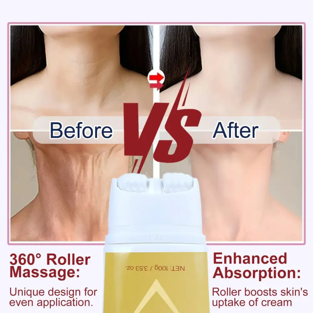 White and gold roller massage cream bottle with dual rollers for neck application