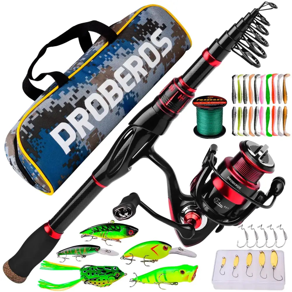 Black and red telescopic fishing rod with matching reel, accompanied by a camouflage-patterned carrying case.