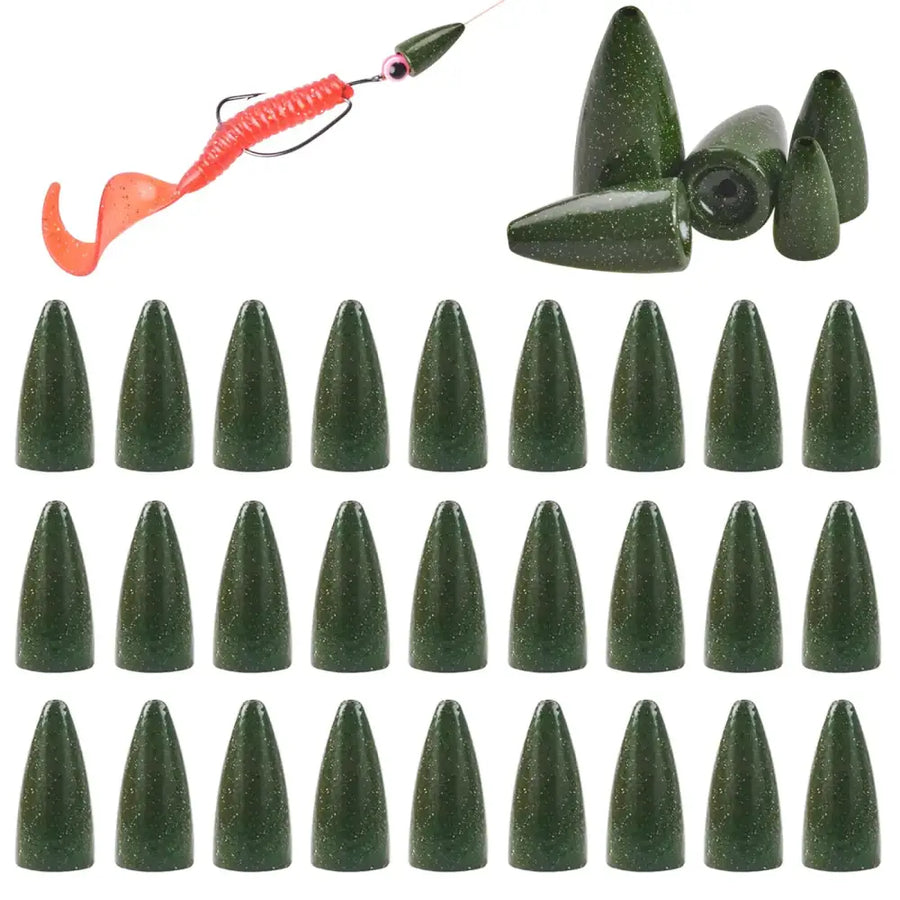Set of 30 dark green, glittery plastic fishing sinkers with a matching red and black soft lure displayed above.