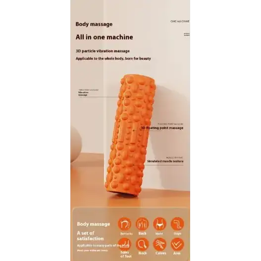 Orange cylindrical foam roller with textured surface for body massage.