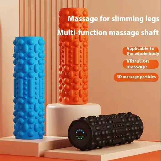 Orange textured foam roller with 3d massage particles and vibration feature