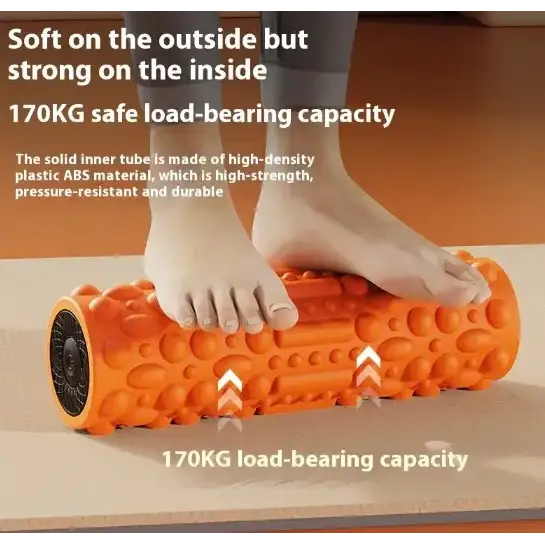 Orange textured foam roller with a solid inner tube made of high-density plastic abs material.
