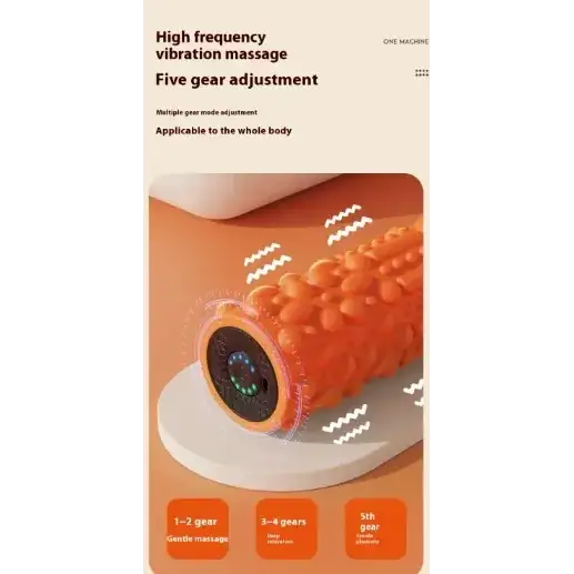 Orange vibration massage roller with textured surface and digital display.