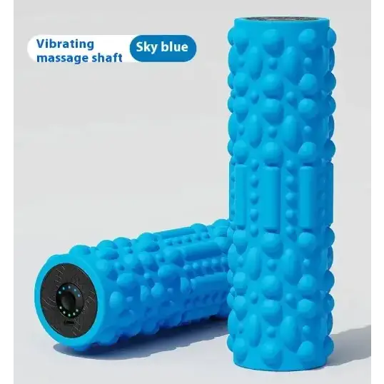 Sky blue vibrating massage shaft with textured, bumpy surface and a black circular control panel at one end.