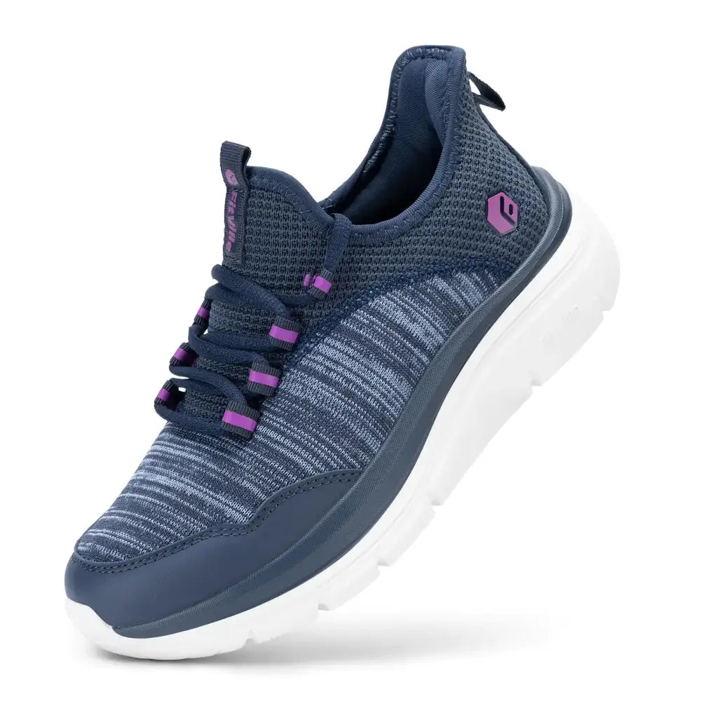 Navy blue knit sneaker with purple laces and accents, featuring a white rubber sole.