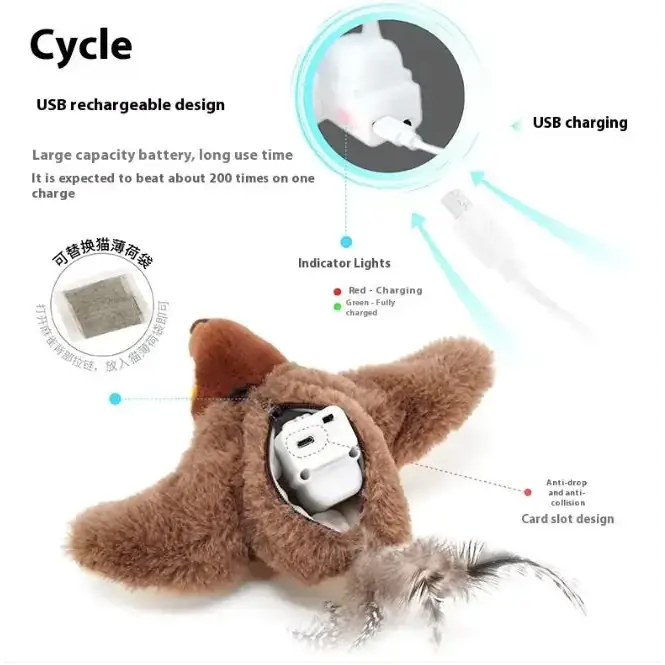 Brown plush fox-shaped cat toy with usb rechargeable battery and indicator lights.