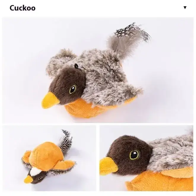 A plush cuckoo bird toy with a brown head, yellow beak, orange belly, and gray fluffy body featuring black-and-white feathered tail.