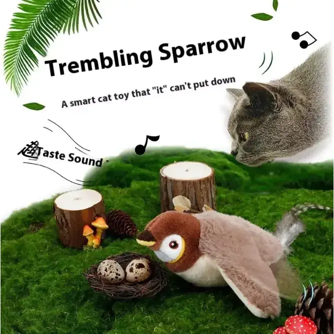 Plush sparrow cat toy with brown and white fur, soft fabric body, yellow beak and eye accents.