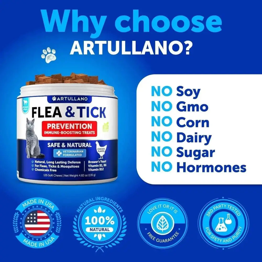 Flea Treatment For Cats Natural Flea And Tick Prevention Supplement For Cats Kittens Chewable Daily Oral Pills With Vitamins 135 Soft Chews Skin & Coat Dental Treats Digestion CANNOT Be Listed For Sa