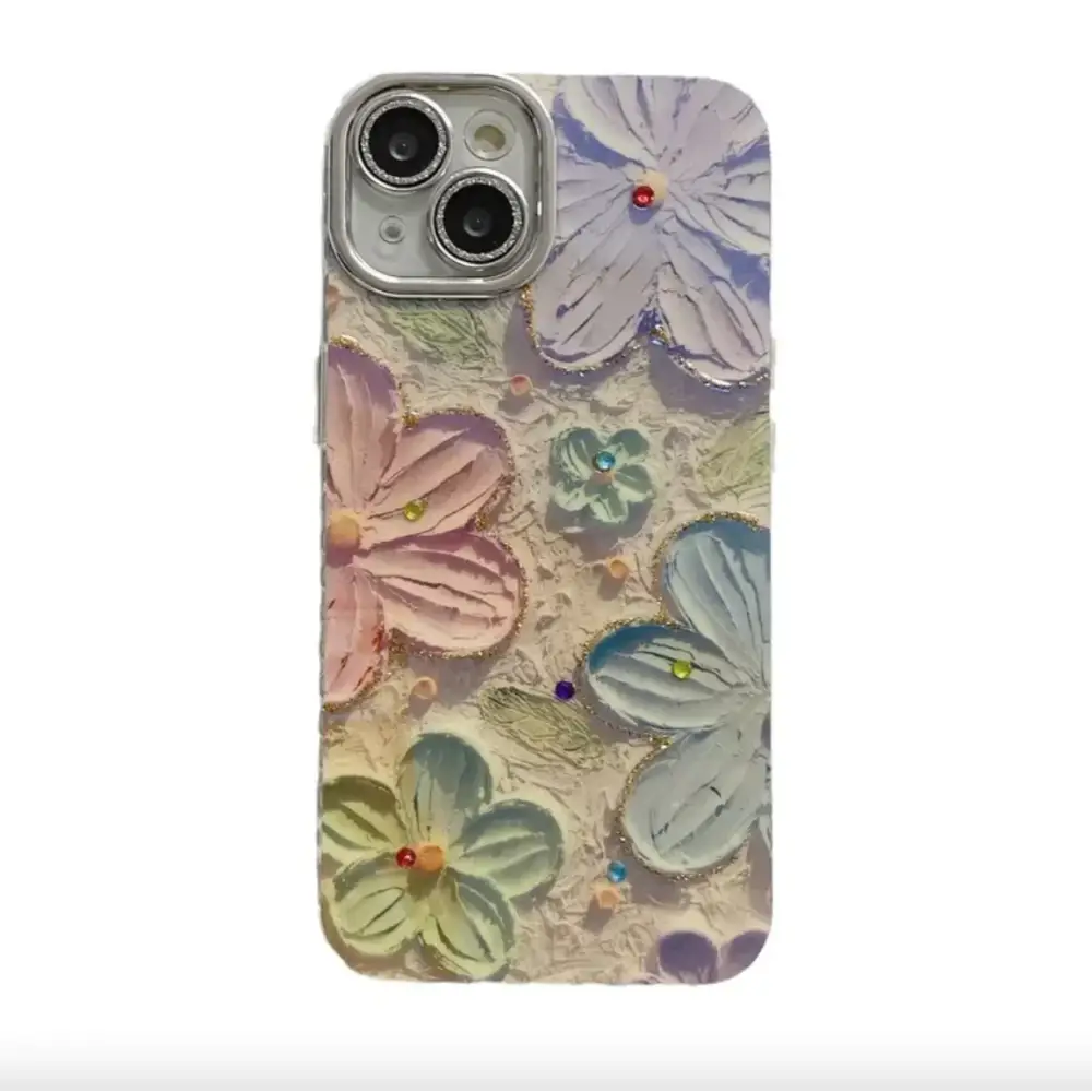 Pastel-colored floral phone case with raised, textured petals and jeweled centers.