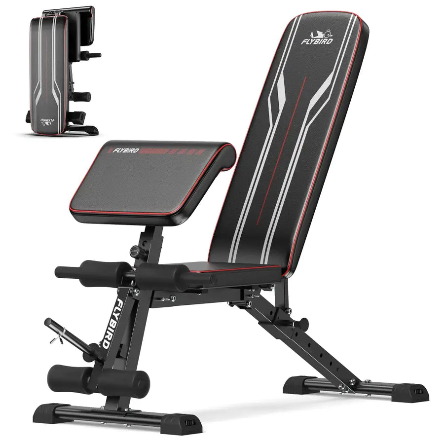 Black and red flybird adjustable weight bench with padded upholstery and a sleek, modern design.