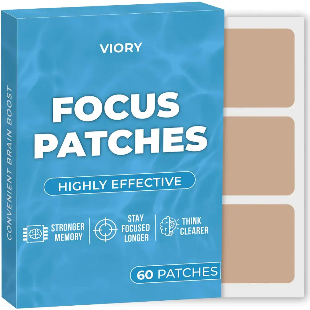 Blue box of viory focus patches containing 60 beige adhesive patches.