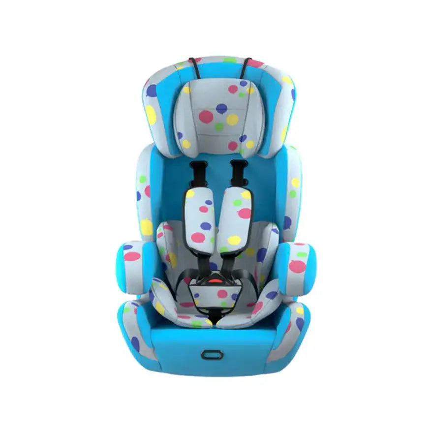 Bright blue and white polka-dotted children’s car seat with colorful dot accents in pink, yellow, green, and purple.