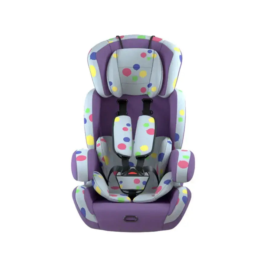 Purple and white child car seat with colorful polka dots in pink, yellow, blue, and green.