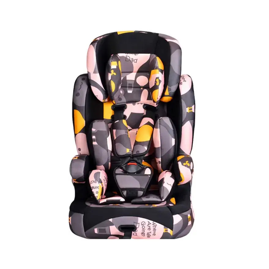 A vibrant, patterned child car seat with a playful camouflage design in pink, gray, and yellow accents.