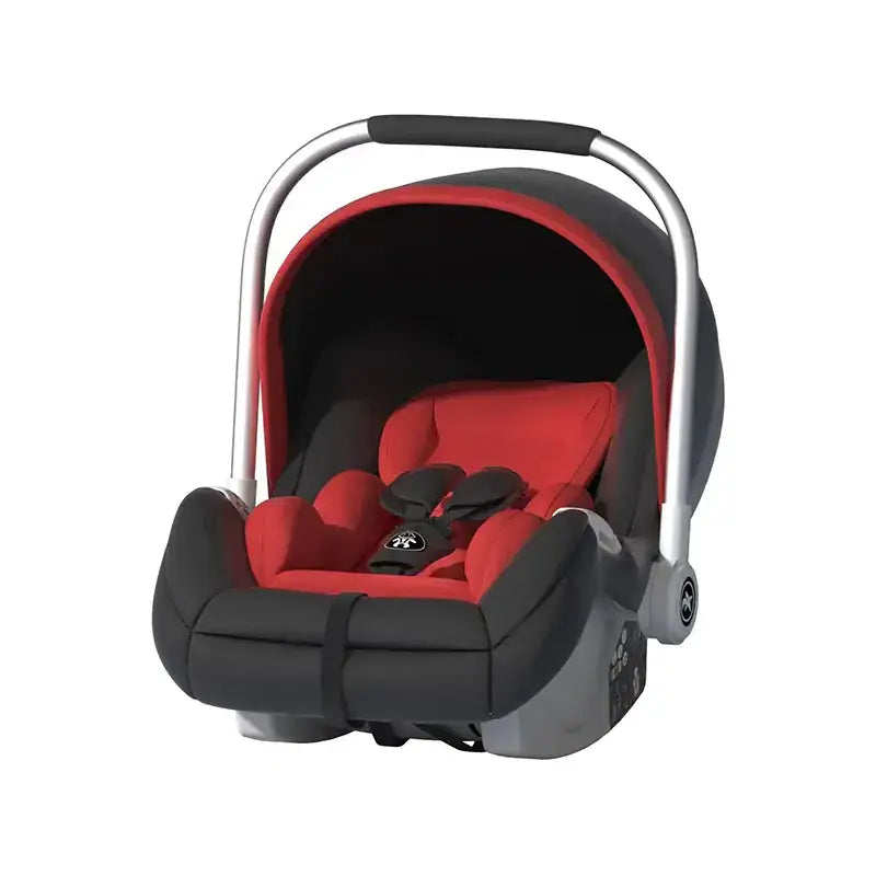 Red and black infant car seat with a silver frame.