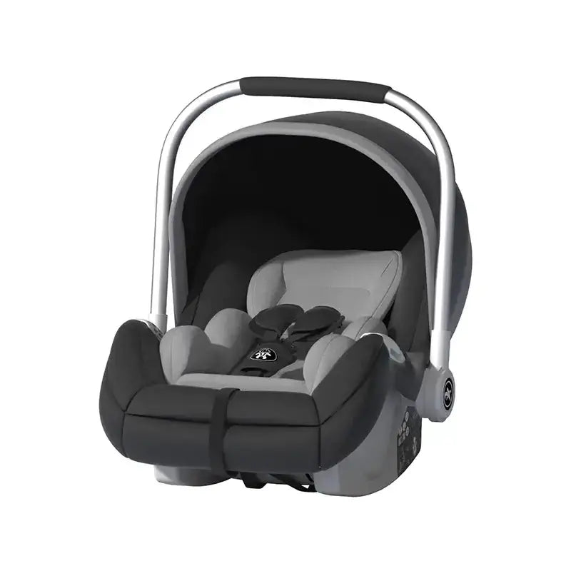 Black and gray infant car seat with a sleek, modern design featuring padded fabric upholstery and a sturdy silver metal frame.