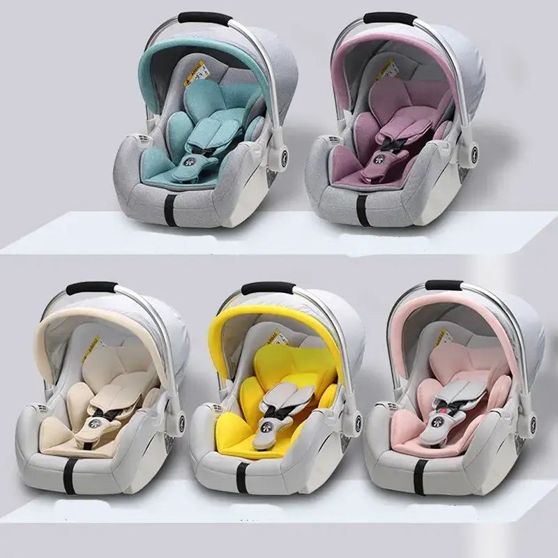 Five infant car seats in soft pastel colors—mint, lavender, cream, yellow, and blush—with gray outer shells and black accents.