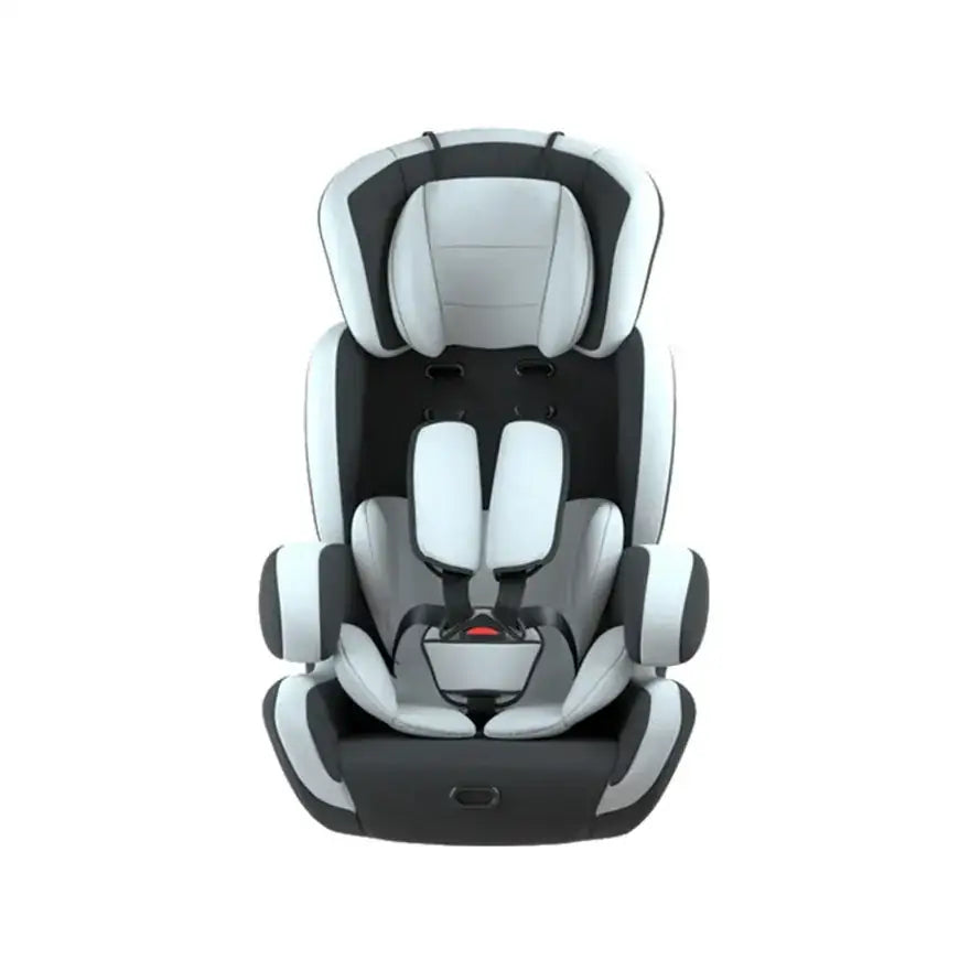 Black and white convertible car seat with padded, contoured design.