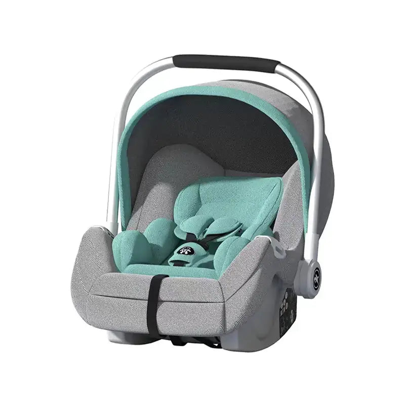 Modern baby car seat with a sleek silver frame, gray textured fabric exterior, and soft mint green interior padding.